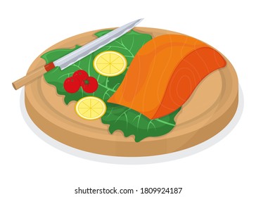 Cut up tuna fish and salmon minnow on wooden kitchen board concept isolated on white, cartoon vector illustration. Design preparation seafood, special stuff for cooking, sharp knife slice meat.