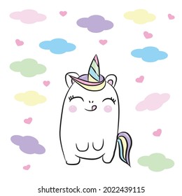 Cut Unicorn vector pony child cartoon, Fairytale animal . Nursery ,Kid greeting card, fabric design, cloud, background.
