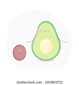 Cut upset avocado without couple - his seed. Comic food. Flat outline vector illustration with funny characters.