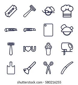 cut vector icons. Set of 16 cut outline icons such as barber scissors, razor, electric razor, shaving brush, saw blade, electric saw, cutter, gardening knife, I love you