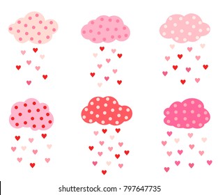 Cut vector set with clouds with dots and hearts in pink and red colors for Valentine's day greeting cards and invitations