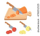 Cut vegetable and fruit set. ?hop with a knife on a cutting board carrots, tomatoes, lemon. Cooking process vector illustration. Kitchenware and utensils isolated on white.