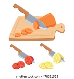 Cut vegetable and fruit set. ?hop with a knife on a cutting board carrots, tomatoes, lemon. Cooking process vector illustration. Kitchenware and utensils isolated on white.