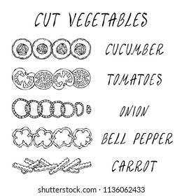 Cut Vegetable Set. Cucumber, Tomato, Onion Rings, Bell Pepper, Carrot. Coocing Ingredients. Fresh Harvest. Food Collection. Realistic Hand Drawn High Quality Vector Illustration. Doodle Style.