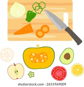 Cut vegetables, knife and cutting board