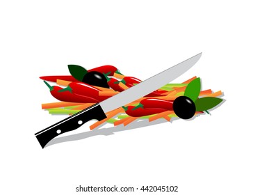 Cut vegetables and knife on white background