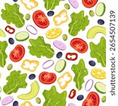 Cut vegetables seamless pattern. Fresh peppers and tomato. Repeated print. Cucumber piece. Salad slice. Olives and onion. Lettuce leaves. Vegan food. Natural product. Ripe avocado. Vector background