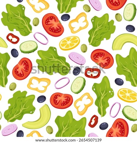 Cut vegetables seamless pattern. Fresh peppers and tomato. Repeated print. Cucumber piece. Salad slice. Olives and onion. Lettuce leaves. Vegan food. Natural product. Ripe avocado. Vector background