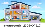 A cut view of a three-story house. The interior design of a modern suburban home with a garage, kitchen, living room, attic, and bathroom in a cross sectional view. Cartoon vector illustration.