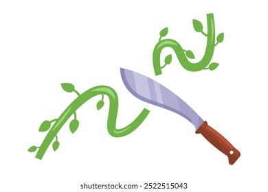 cut a vine in the jungle with a machete. cut plants.