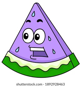a cut of watermelon with a gawk on its face, character cute doodle draw. vector illustration