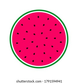 Cut watermelon. Pink pulp, black seeds and green rind. Vector illustration.