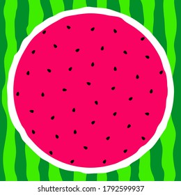 Cut watermelon. Pink pulp, black seeds and green rind. Vector illustration.