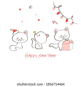 cut white cats on a background of snow with christmas and new year greetings