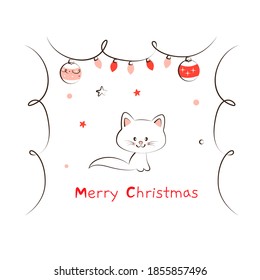 cut white kitten on a background of snow with christmas and new year greetings