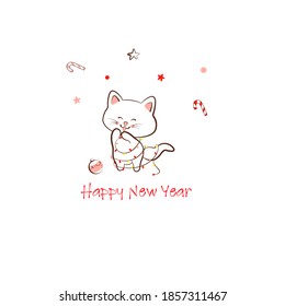 cut white kitten on a background of snow with christmas and new year greetings