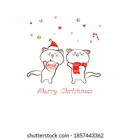 cut white kitten on a background of snow with christmas and new year greetings