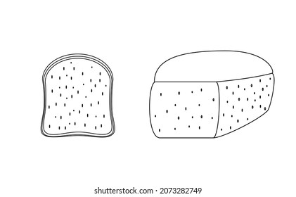 Cut and whole bread on a white background. Black outline.