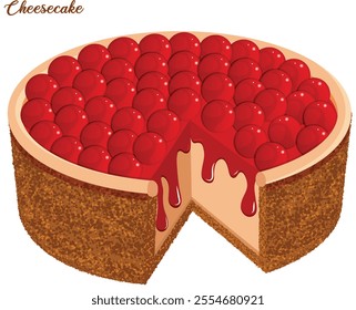 Cut Whole Cherry Cheesecake with Crust. Popular Flavouring Detailed Illustration 