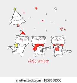 cut winter cats on a background of snow with christmas and new year greetings