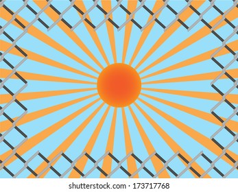 Cut wire on chain link fence with copy space on vintage sun rays background