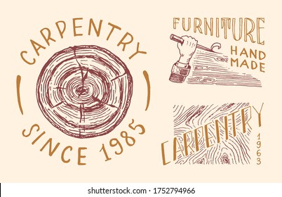 Cut wood and hand with tool. Labels set for Workshop or signboards. Vintage logo, Badges for typography or t-shirts. Drawn engrave sketch.