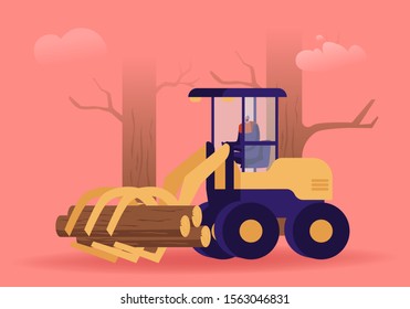 Cut Wood Industry Occupation. Lumberer Driving Log Harvester Working at Forest Area for Delimbing, Cutting and Sorting Wood Pile. Woodcutter Truck Tree in Forest. Cartoon Flat Vector Illustration