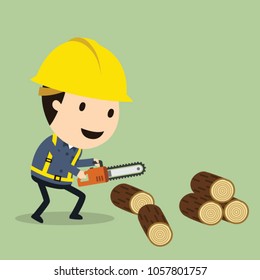 Cut wood with a machine saw, Vector illustration, Safety and accident, Industrial safety cartoon