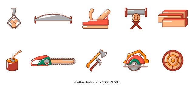 Cut wood tool icon set. Cartoon set of cut wood tool vector icons for web design isolated on white background