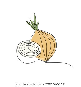 Cut yellow onion vector. Line continuous hand drawn illustration. Vegetable outline icon. Garden plant. Minimal linear silhouette. Graphic design, print, banner, card, brochure, cartoon sign, doodle.