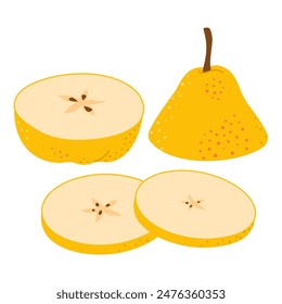 Cut yellow pear cartoon icon. Cross section of cut fresh, juicy yellow pear, slices fruit, Hand drawn trendy flat style isolated on transparent background Healthy vegetarian snack. Vector illustration