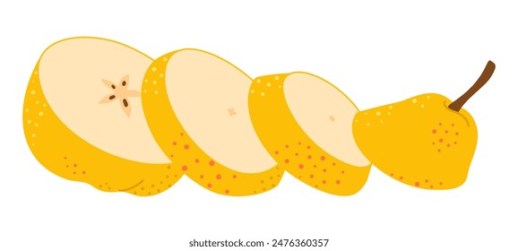 Cut yellow pear cartoon icon. Cross section of cut fresh, juicy yellow pear, slices fruit, Hand drawn trendy flat style isolated on transparent background Healthy vegetarian snack. Vector illustration