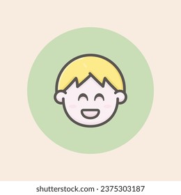 Cut young boy Face Avatar with short blond hair, delighted mood and green background filled iconic vector line art