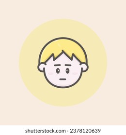 Cut young boy face avatar with short blond hair, disappointed mood and yellow background filled iconic vector line art