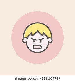 Cut young boy face avatar with short blond hair, angry mood and red background filled iconic vector line art