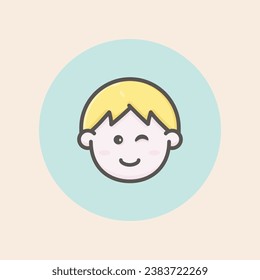 Cut young boy face avatar with short blond hair, happy mood and blue background filled iconic vector line art