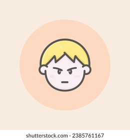 Cut young boy face avatar with short blond hair, annoyed mood and orange background filled iconic vector line art