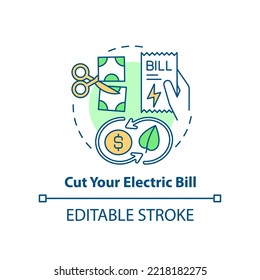 Cut your electric bill concept icon. Reason for considering alternative energy abstract idea thin line illustration. Isolated outline drawing. Editable stroke. Arial, Myriad Pro-Bold fonts used