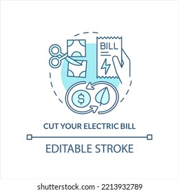 Cut your electric bill turquoise concept icon. Reason for choose renewable energy abstract idea thin line illustration. Isolated outline drawing. Editable stroke. Arial, Myriad Pro-Bold fonts used