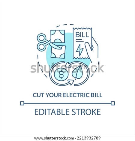 Cut your electric bill turquoise concept icon. Reason for choose renewable energy abstract idea thin line illustration. Isolated outline drawing. Editable stroke. Arial, Myriad Pro-Bold fonts used