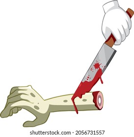 Cut zombie hand with knife on white background illustration