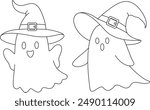 Cuta ghosts wearing witch hat colouring. Halloween Outline Coloring Page