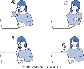 A cut-and-sew woman operating a PC with various expressions.