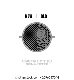 Cutaway of the catalytic converter. System concept before and after emissions from an internal combustion engine 