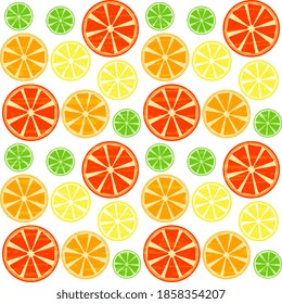 Cutaway citrus slices. Tropical fruits. Vector seamless design of grapefruit, orange, lemon, lime. Collection of citrus fruitson white. EPS 10