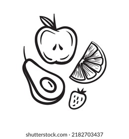 Cutaway fruits black and white graphics. Vector illustration in doodle style.