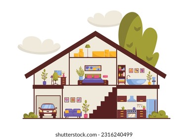 Cutaway house. Detailed modern house interior. Furnished rooms. Vector illustration.