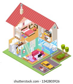 Cutaway house isometric. Housing construction cross section with kitchen bedroom bathroom interior. 3d vector house inside
