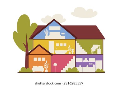 Cutaway house. Modern house interior. Furnished rooms. Silhouettes. Vector illustration.