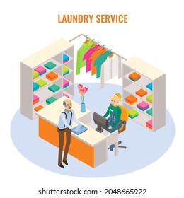 Cutaway laundry reception interior with receptionist and customer characters, flat vector isometric illustration. Laundry service.